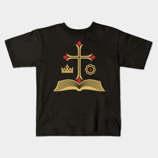 Cross of Jesus Christ, open bible and royal symbols. Kids T-Shirt